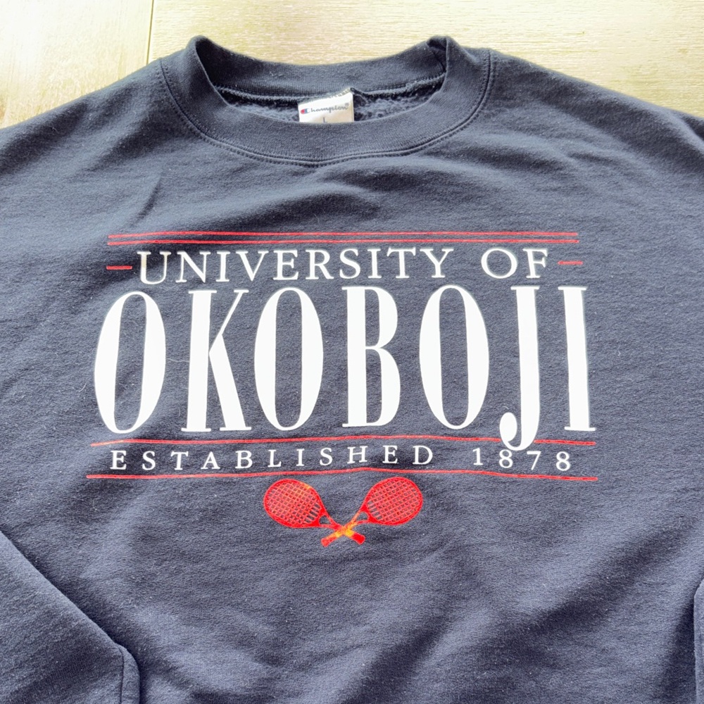 Champion Navy Crewneck Sweatshirt with White & Red University of Okoboji Print